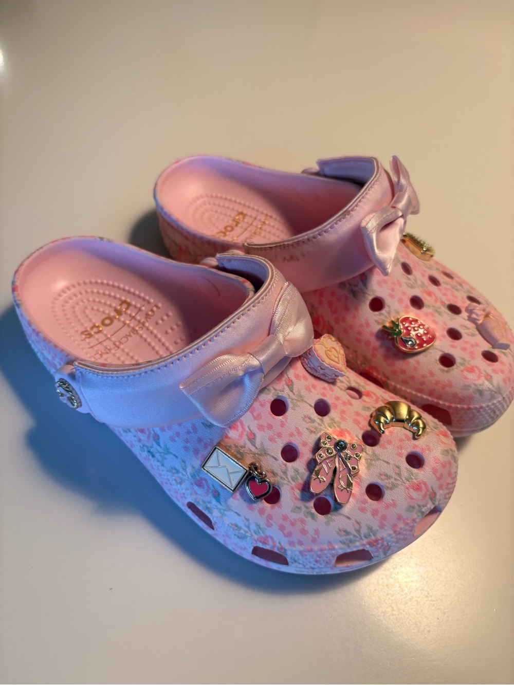 LoveShackFancy Pink Floral Croc Clog Mules with Satin Bow & Charms